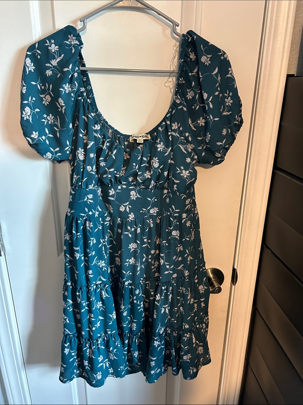 Inspired Hearts Teal Floral Puff Sleeve Tiered Dress